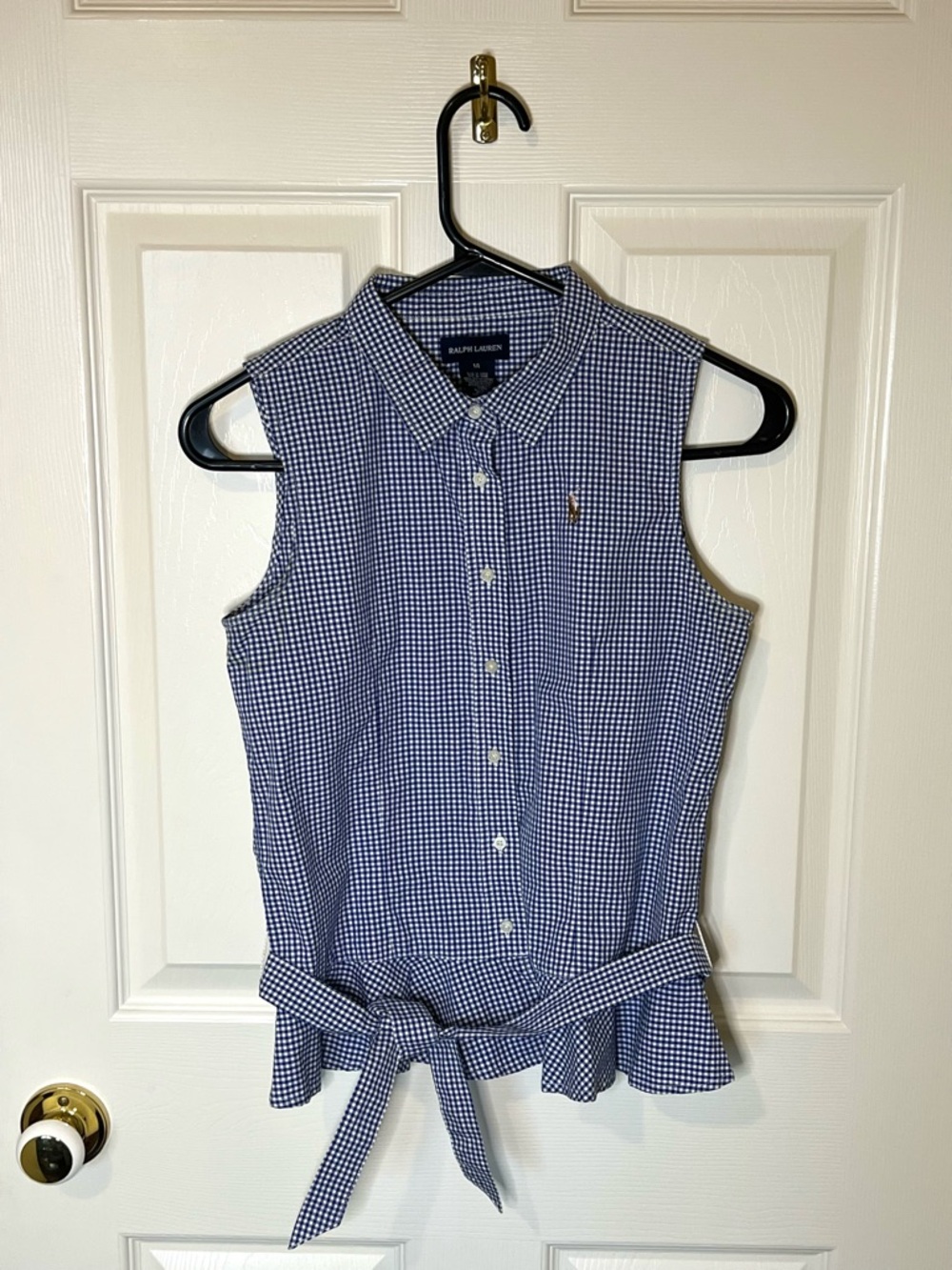 Ralph Lauren Girls Blue Gingham Sleeveless Button-Down with Tie Waist Peplum
